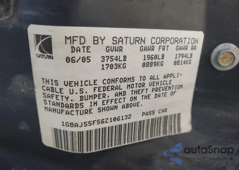2006 Saturn Ion 2 из США, поврежденный, VIN 1G8AJ55F56Z106132